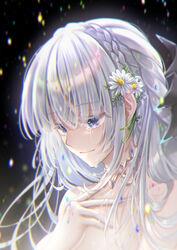  braid chromatic_aberration collarbone commentary_request crown_braid crying crying_with_eyes_open female flower hair_behind_ear hair_flower hair_ornament hand_on_own_chest highres inia_sestina koma_(kkbodkk) lens_flare muv-luv muv-luv_alternative muv-luv_total_eclipse portrait purple_eyes smile solo tears white_flower white_hair 