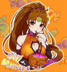  alternate_costume blush breasts brown_eyes brown_hair candy choker circlet cleavage cleavage_cutout clothing_cutout dress drinking_straw drinking_straw_in_mouth female fire_emblem fire_emblem:_mystery_of_the_emblem food halloween halloween_bucket halloween_costume highres jack-o&#039;-lantern keldancon linde_(fire_emblem) long_hair nail_polish orange_background orange_dress ponytail purple_nails shirt sleeveless sleeveless_dress 