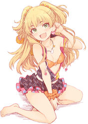  :d absurdres bare_arms bare_legs bare_shoulders barefoot blonde_hair blush bra breasts dress fangs feet female green_eyes highres idolmaster idolmaster_cinderella_girls jougasaki_rika long_hair looking_at_viewer open_clothes open_mouth revision simple_background sitting skirt small_breasts smile solo toes two_side_up underwear white_background whoosaku 