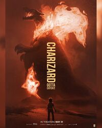  1boy brand_name_imitation charizard dragon fire flame-tipped_tail from_behind giant giant_monster godzilla_(series) godzilla_vs._kong hat highres jackson_caspersz kaijuu king_kong_(series) male_focus monsterverse movie_poster parody pokemon pokemon_(creature) pokemon_rgby red_(pokemon) standing tail 