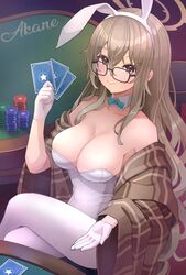  absurdres akane_(blue_archive) akane_(bunny)_(blue_archive) animal_ears blue_archive breasts brown_eyes brown_hair card cleavage fake_animal_ears female glasses gloves halo highres holding holding_card large_breasts leotard nomio official_alternate_costume plaid_shawl playboy_bunny playing_card poker_chip poker_table rabbit_ears shawl smile solo strapless strapless_leotard table 