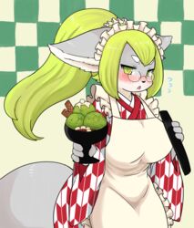  2019 4_fingers anthro apron big_breasts blush breasts canid canine clothed clothing cyberconnect2 drecom eyewear female fingers fox full_bokko_heroes fully_clothed fur glasses green_eyes green_hair grey_body grey_fur hair hi_res huge_breasts kemono looking_at_viewer mammal nobox05 oota_suketomo_(full_bokko_heroes) open_mouth simple_background solo 