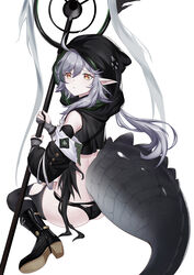  ahoge arknights black_footwear black_panties black_shirt black_sleeves black_thighhighs boots bursting_ass crocodilian_tail cropped_shirt detached_sleeves female from_behind gloves grey_gloves grey_hair hair_between_eyes highres holding holding_staff hood hood_up hooded_shirt long_hair longyu_(17767756) looking_at_viewer looking_back multicolored_hair panties partially_fingerless_gloves pointy_ears shirt simple_background sitting skindentation solo staff streaked_hair tail thick_thighs thighhighs thighs tight_clothes tomimi_(arknights) torn_clothes torn_panties torn_thighhighs underwear wariza white_background 