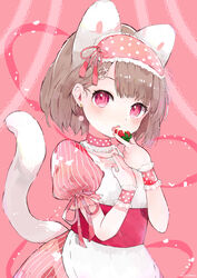  absurdres animal_ears apron blush brown_hair cat_ears cat_girl cat_tail commentary_request dress earrings eyebrows_hidden_by_hair female food frills fruit hairband highres holding holding_food jewelry lolita_fashion lolita_hairband looking_at_viewer mask mask_on_head niseneko_(mofumofu_ga_ienai) oerba_yun_fang open_mouth original pink_background pink_dress pink_ribbon puffy_short_sleeves puffy_sleeves red_eyes ribbon short_hair short_sleeves sleep_mask solo strawberry striped_clothes striped_dress sweet_lolita tail tail_raised vertical-striped_clothes vertical-striped_dress white_apron wrist_cuffs 