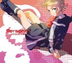  arms_behind_back black_footwear black_skirt black_socks blonde_hair blue_eyes bow closed_mouth crossed_legs eros_(persona_2) female heart highres interlocked_fingers kneehighs lisa_silverman long_sleeves nichi_(hibi_suimin) orange_bow own_hands_together persona persona_2 persona_2_tsumi pleated_skirt school_uniform seven_sisters_high_school_uniform shadow shoes short_hair single_horizontal_stripe single_vertical_stripe sitting skirt smile socks solo turtleneck 