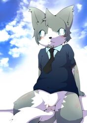  2011 anthro blue_eyes bottomless bottomless_anthro canid canine canis clothed clothing cloud domestic_dog featureless_crotch kemono looking_at_viewer male mammal okunawa sitting sky solo topwear topwear_only 