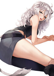  ahoge animal_ears black_footwear blush breasts commentary_request fangs female fingernails grey_eyes grey_hair highres hololive konkito large_breasts legs lion_ears lion_girl lion_tail long_hair looking_at_viewer lying messy_hair on_side open_mouth piercing shishiro_botan shishiro_botan_(1st_costume) shoes solo tail tank_top thighs virtual_youtuber 