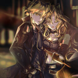  1boy black_choker black_coat black_gloves black_pants black_shirt blonde_hair breasts choker cleavage closed_mouth coat collarbone couple crop_top dark_persona elbow_gloves female fingerless_gloves gloves hair_between_eyes hand_in_pocket jonouchi_katsuya kujaku_mai long_hair looking_at_viewer medium_breasts midriff miyukiko navel one_eye_closed open_clothes open_coat pants shirt smile stomach straight very_long_hair yellow_eyes yu-gi-oh! yu-gi-oh!_duel_monsters 