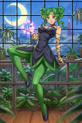  absurdres animal_ears bishoujo_senshi_sailor_moon bishoujo_senshi_sailor_moon_s black_dress black_footwear blush breasts cleavage closed_mouth commentary commission dress english_commentary female green_eyes green_hair green_pantyhose high_heels highres indoors large_breasts lips night pantyhose plant potted_plant second-party_source short_hair smile solo speh tellu_(sailor_moon) window witches_5 