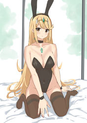  absurdres alternate_costume animal_ears aotsuba arm_support bare_shoulders bed_sheet black_thighhighs blonde_hair breasts chest_jewel cleavage collarbone commentary_request covered_navel fake_animal_ears female full_body headpiece highres jewelry large_breasts leotard long_hair looking_at_viewer mythra_(xenoblade) no_shoes on_bed playboy_bunny rabbit_ears sitting solo strapless strapless_leotard swept_bangs thighhighs tiara very_long_hair wariza xenoblade_chronicles_(series) xenoblade_chronicles_2 yellow_eyes 