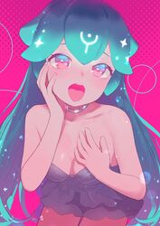  aqua_hair bao_(vtuber) bao_(vtuber)_(1st_costume) blue_hair blush breasts dress duplicate female hand_on_own_chest hand_on_own_face highres indie_virtual_youtuber jewelry liquid_hair long_hair looking_at_viewer medium_breasts multicolored_hair open_mouth pink_eyes pumpkinspicelatte purple_dress simple_background solo sparkle strapless strapless_dress teeth upper_teeth_only very_long_hair virtual_youtuber 