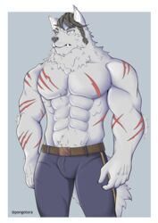  anthro braided_hair canid canine canis clothing gaouu hair hi_res male mammal military_uniform muscular muscular_anthro muscular_male pongotora scar solo uniform wolf 