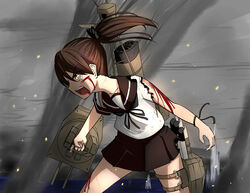  adapted_turret black_ribbon blood blood_from_mouth blood_on_arm blood_on_face brown_hair brown_sailor_collar brown_skirt burnt_clothes commentary_request female glowing glowing_eyes hair_over_eyes hair_ribbon highres kantai_collection long_hair machinery open_mouth pleated_skirt ponytail ribbon rigging sailor_collar school_uniform serafuku shikinami_(kancolle) short_sleeves skirt smokestack tiger_(tiger-kimu) torpedo_launcher 