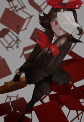  absurdres alternate_eye_color alternate_hair_color armband astray_(module) black_hair black_pantyhose black_serafuku blouse blurry blurry_background bow commentary depth_of_field desk eccentric_htk electric_guitar eye_symbol falling female foreshortening guitar hairbow highres holding holding_instrument instrument kagamine_rin limited_palette looking_at_viewer lost_one_no_goukoku_(vocaloid) neckerchief pale_skin pantyhose paper paper_on_head perspective pleated_skirt project_diva_(series) red_armband red_bow red_eyes red_neckerchief sailor_collar school_desk school_uniform serafuku shirt short_hair skirt solo tape torn_bow treble_clef vocaloid 