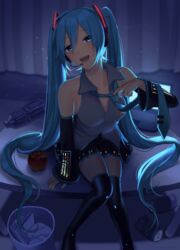  apple aqua_eyes aqua_hair aqua_nails aqua_necktie arm_support backlighting bare_shoulders bedroom black_skirt black_sleeves black_thighhighs blurry blurry_background blush bottle can collarbone commentary computer curtains detached_sleeves female food fruit full_body grey_shirt hair_ornament half-closed_eyes hatsune_miku headphones headset highres holding_necktie indoors knees_together_feet_apart laptop leaning_forward light_particles long_hair looking_at_viewer miniskirt nail_polish necktie nokuhashi open_mouth pleated_skirt removing_necktie shirt sitting sitting_on_table skirt sleeveless sleeveless_shirt smile solo table thighhighs trash_can twintails very_long_hair vocaloid zettai_ryouiki 