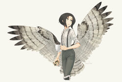  amelia_shaw artist_name asterisk_kome bird_wings black_footwear black_hair black_pants boots brown_eyes cigarette cigarette_pack coffee_mug collared_shirt commentary cropped_legs cup female grey_background highres holding holding_cup knee_boots looking_to_the_side low_wings mouth_hold mug pants shirt short_hair signature simple_background sleeves_rolled_up smoking solo spread_wings standing suspenders white_shirt winged_fusiliers wings 