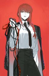  black_necktie black_pants braid braided_ponytail brown_hair business_suit chain_leash chains chainsaw_man collared_shirt expressionless female formal highres inuyama_(inuhill) jacket jacket_on_shoulders leash leash_pull long_hair long_sleeves looking_at_viewer makima_(chainsaw_man) necktie pants pov red_background ringed_eyes shirt shirt_tucked_in solo suit unworn_jacket viewer_on_leash white_shirt yellow_eyes 