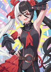  ahoge arm_up armpits bad_id bad_pixiv_id bare_shoulders belt black_gloves black_hair black_leotard black_pants black_sailor_collar blade_&amp;_soul bow breasts cowboy_shot eyepatch female fingerless_gloves gloves hair_between_eyes hair_ornament hair_scrunchie hairbow hand_on_own_hip leotard long_hair looking_at_viewer multicolored_hair neckerchief open_mouth pants pohwaran red_eyes ribbed_leotard rin_ateria sailor_collar scrunchie sideless_outfit smile solo split-color_hair standing twintails two-tone_hair v v-shaped_eyebrows very_long_hair white_hair 