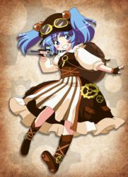  alternate_costume arms_up bad_id bad_pixiv_id black_gloves blue_hair blush_stickers boots brown_background brown_footwear brown_hat brown_skirt brown_vest commentary_request contrapposto derivative_work female fingerless_gloves flat_cap full_body gears gloves goggles goggles_on_headwear gradient_background grin hair_bobbles hair_ornament hat head_tilt highres holding holding_wrench kawashiro_nitori key layered_skirt long_sleeves lunamoon_(style) outstretched_arm partial_commentary remyfive shirt short_hair skirt smile solo steampunk striped_clothes striped_skirt touhou two_side_up underbust vest white_shirt wrench 