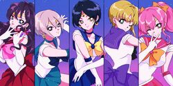  5girls absurdres bishoujo_senshi_sailor_moon black_eyes blonde_hair blue_bow blue_eyes blue_hair blue_sailor_collar blue_skirt bow breasts choker chromatic_aberration collarbone cosplay crescent crescent_earrings earrings elbow_gloves gloves green_eyes grey_hair hair_between_eyes hairbow hayami_kanade highres ichinose_shiki idolmaster idolmaster_cinderella_girls jewelry jougasaki_mika kukiwakame large_breasts lipps_(idolmaster) long_hair looking_at_viewer looking_back magical_girl medium_breasts miyamoto_frederica multiple_girls one_eye_closed open_mouth parted_bangs pink_bow pink_choker pink_hair potion purple_bow red_bow red_choker sailor_collar sailor_senshi_uniform shiomi_syuko short_hair skirt smile space twintails unofficial_sailor_senshi_uniform v_over_mouth wavy_hair white_gloves yellow_bow yellow_eyes 