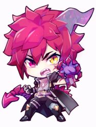  1boy aldred_(dragalia_lost) claws dragalia_lost dragon_boy dragon_horns dragon_tail facial_mark heterochromia horns red_eyes red_hair scar sebychu sharp_teeth simple_background single_horn tail teeth white_background yellow_eyes 