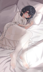  alternate_costume ass bed_sheet black_hair blush clothes_lift collarbone dress dress_lift eluthel feet female full_body highres idolmaster idolmaster_shiny_colors legs looking_at_viewer lying morino_rinze no_shoes on_side panties pantyhose pantyshot pillow red_eyes short_twintails soles solo thighband_pantyhose toes twintails underwear white_dress white_panties white_pantyhose 