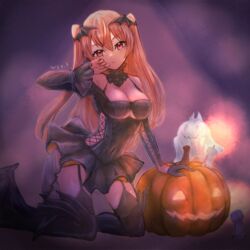  black_dress black_thighhighs breasts dress female halloween_costume jack-o&#039;-lantern johnston_(halloween_mode)_(kancolle) johnston_(kancolle) kantai_collection light_brown_hair long_hair medium_breasts official_alternate_costume red_eyes short_dress solo thigh_strap thighhighs twintails two_side_up vampire_costume wss_(nicoseiga19993411) 