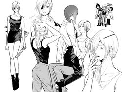  6+girls adjusting_hair alternate_costume ass black_tank_top braid braided_ponytail breasts business_suit chainsaw_man cigarette closed_eyes commentary_request couple cowgirl_position expressionless eyepatch formal greyscale hand_on_another&#039;s_ass harem highres holding holding_sword holding_weapon long_hair looking_at_viewer makima_(chainsaw_man) medium_breasts monochrome multiple_girls necktie office_lady qhdms99 quanxi&#039;s_group_(chainsaw_man) quanxi_(chainsaw_man) shirt_tucked_in skirt smoking suit sword tank_top weapon yuri 