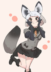  animal_ear_fluff animal_ears bad_id bad_twitter_id bat-eared_fox_(kemono_friends) beige_background black_bow black_hair black_skirt bow bowtie brown_eyes cheek_squash commentary_request elbow_gloves female foot_out_of_frame fox_ears fox_girl fox_tail fur-trimmed_sleeves fur_trim gloves grey_hair grey_jacket hands_on_own_cheeks hands_on_own_face hands_up highres jacket kemono_friends looking_at_viewer multicolored_hair pleated_skirt short_hair short_sleeves simple_background skirt smile solo standing standing_on_one_leg tail takami_masahiro thigh_gap 