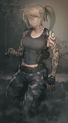  arm_tattoo belt black_belt black_gloves black_pants black_tank_top blonde_hair blue_eyes breasts camouflage camouflage_pants cargo_pants cigarette closed_mouth commission covered_navel dated_commentary earrings feet_out_of_frame female fingerless_gloves gloves gun hair_ribbon handgun hetza_(hellshock) highres holding holding_cigarette holster holstered jewelry leaning_on_object looking_at_viewer medium_breasts medium_hair midriff_peek neck_tattoo original pants ponytail ribbon shoulder_tattoo sidelocks smile smoke smoking solo suzumi_(hetza) tank_top tattoo weapon 