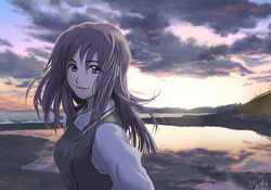  beach evening female floating_hair grey_hair light_smile long_hair looking_at_viewer maihama_minami_high_school_uniform misaki_shizuno outdoors photoshop_(medium) purple_eyes school_uniform solo yunamik zegapain 