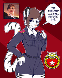  2023 4:5 absurd_res anthro anthrofied breasts clothed clothing command_and_conquer dialogue electronic_arts english_text felid female fur general_leang_(command_and_conquer) hair hi_res human mammal military pantherine portrait red_background simple_background solo stripes text the_man three-quarter_portrait tiger white_body 