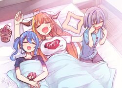  3girls =_= ahoge alternate_costume amane_kanata anemachi bed blue_hair blush breasts character_doll check_commentary clothes_writing commentary_request doukyo&#039;s flat_chest hikawa_shou hololive horns hoshimachi_suisei kiryu_coco large_breasts long_hair multiple_girls open_mouth pink_hair pot pp_tenshi_t-shirt rag sakura_miko short_hair sleeping translated virtual_youtuber waking_up 