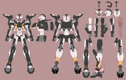  absurdres bad_id bad_twitter_id blue_eyes clenched_hands code_beast from_behind from_side highres hundred_edge kuramochi_kyouryuu mecha multiple_views no_humans official_art pink_background reference_sheet robot science_fiction v-fin 