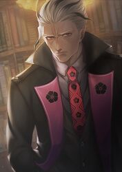  1boy akechi_mitsuhide_(fate) bad_id bad_pixiv_id black_hair book bookshelf closed_eyes fate/grand_order fate_(series) frown hand_in_pocket high_collar iduhara_jugo japanese_clothes library light long_sleeves looking_at_viewer male_focus multicolored_hair necktie red_eyes red_necktie shadow shirt short_hair solo streaked_hair two-tone_hair upper_body white_hair 