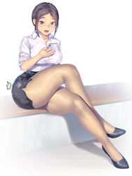  :o a.x. black_eyes black_footwear black_hair black_skirt blush breasts brown_pantyhose cellphone collarbone collared_shirt crossed_legs dress_shirt female high_heels highres holding holding_phone large_breasts mole mole_under_eye nail_polish office_lady open_mouth original pantyhose parted_lips pencil_skirt phone see-through see-through_legwear shirt shirt_tucked_in sidelocks simple_background sitting skirt sleeves_rolled_up smartphone solo sweat teeth thick_thighs thighs torn_clothes torn_skirt upper_teeth_only wardrobe_malfunction white_background wide_hips 