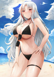  absurdres alternate_costume azur_lane beach bikini black_bikini black_choker breasts choker cowboy_shot day eyewear_hang female from_below grey_hair highres large_breasts long_hair looking_at_viewer mole mole_on_breast multicolored_hair navel nori_aji outdoors red_eyes red_hair sand solo stomach streaked_hair string_bikini sunglasses swimsuit tallinn_(azur_lane) two-tone_hair unworn_eyewear water 