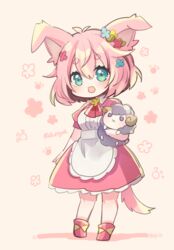  :d animal_ears apron aruya_(flosrota) blue_flower blush boots brown_background collared_dress commentary dress female floral_background flower green_eyes hair_between_eyes hair_flower hair_ornament highres hugging_object looking_at_viewer open_mouth original pink_dress pink_footwear pink_hair puffy_short_sleeves puffy_sleeves red_flower shadow short_eyebrows short_sleeves smile solo standing tail thick_eyebrows twitter_username waist_apron white_apron yellow_flower 