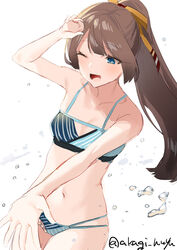  akagi_kurage bikini blue_bikini blue_eyes brown_hair collarbone cowboy_shot duplicate female flat_chest hair_ribbon highres kantai_collection kazagumo_(kancolle) kazagumo_(swimsuit_mode)_(kancolle) long_hair navel one_eye_closed open_mouth pixel-perfect_duplicate ponytail ribbon solo splashing swimsuit twitter_username water 