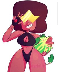  1girls afro bikini breasts cleavage cleavage_cutout dark-skinned_female dark_skin female female_only fingerless_gloves garnet_(steven_universe) gem_(species) gem_fusion questionable solo steven_universe swimsuit thick_thighs watermelon wyrielle 