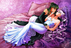  2girls bishoujo_senshi_sailor_moon cleavage clothed cloveras cute dress female female_only gloves green_hair hairbun hand_on_face in_bed lavender_hair laying_down long_dress long_hair looking_at_partner lying on_bed queen_serenity red_eyes sailor_pluto setsuna_meioh sfw silver_hair skirt soft tan_skin twintails yuri 