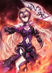  ahoge armor armored_boots armored_dress banner blonde_hair boots breasts chains cleavage clothing_cutout commentary dress fate/grand_order fate_(series) faulds female floating_hair fur-trimmed_legwear fur_trim headphones highres holding holding_sword holding_weapon jeanne_d&#039;arc_alter_(avenger)_(fate) jeanne_d&#039;arc_alter_(avenger)_(third_ascension)_(fate) jeanne_d&#039;arc_alter_(fate) kuro_(ning2763) long_hair looking_at_viewer medium_breasts midriff navel navel_cutout parted_lips pixiv_fate/grand_order_contest_2 purple_dress solo standing stomach sword thighhighs very_long_hair weapon yellow_eyes 