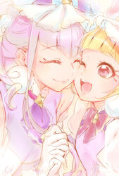  2girls ;d aisaki_emiru ascot blonde_hair blunt_bangs bow bowtie closed_eyes commentary_request cure_amour cure_macherie gloves hair_ornament highres holding_hands hugtto!_precure interlocked_fingers long_hair makeup mascara multiple_girls one_eye_closed open_mouth precure purple_ascot purple_bow purple_hair red_bow red_bowtie red_eyes ruru_amour shipu_(gassyumaron) smile upper_body white_gloves 