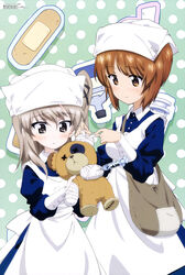  2girls absurdres apron bag bandages blue_dress boko_(girls_und_panzer) brown_eyes brown_hair buttons collared_shirt dress first_aid_kit girls_und_panzer hair_ribbon hat highres holding holding_stuffed_toy light_brown_hair magazine_scan medicine medicine_bottle megami_magazine multiple_girls nishizumi_miho nurse nurse_cap official_art polka_dot polka_dot_background ribbon scan shimada_arisu shirt shoulder_bag sleeve_cuffs smile stitches stuffed_animal stuffed_toy syringe tape teddy_bear tying x_x yoshida_nobuyoshi 