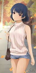  autumn_leaves bag bare_shoulders blue_hair blue_shorts bob_cut brown_bag building casual closed_mouth commentary domestic_na_kanojo expressionless falling_leaves female handbag head_tilt highres holding_strap lamppost leaf looking_at_viewer loose_hair_strand nekosuta path red_eyes ribbed_sweater road short_hair short_shorts shorts sleeveless sleeveless_turtleneck solo sweater tachibana_rui turtleneck turtleneck_sweater unamused white_sweater 