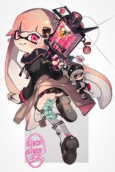  .52_gal_(splatoon) ankle_scrunchie bad_id bad_pixiv_id bead_bracelet beads beanie black_hat black_jacket black_ribbon black_scarf black_shirt black_shorts black_skirt blouse blunt_bangs bracelet brown_footwear candy character_doll cigarette clothes_around_waist commentary double_horizontal_stripe earrings emblem english_text female food from_side full_body golden_egg green_scrunchie grey_footwear grey_hair grey_shirt grin hair_ornament hat heart heart-shaped_pupils highres holding holding_weapon inkling inkling_(language) inkling_girl inkling_player_character jacket jellyfish_(splatoon) jewelry leaning_forward leg_up letter light_blush loafers logo lollipop long_hair long_sleeves looking_at_viewer looking_back miniskirt neck_ribbon octoshot_(splatoon) oerba_yun_fang open_clothes open_jacket pink_eyes pink_hair pleated_skirt pointy_ears print_socks red_eyes ribbon ring sailor_collar salmonid scarf scrunchie shirt shoes shorts skin_fang skirt smile socks solo splatoon_(series) splatoon_2 squid standing standing_on_one_leg symbol-shaped_pupils tentacle_hair thighlet unitoon weapon white_socks 