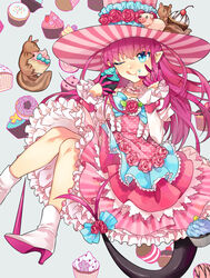  absurdres alternate_costume bad_id bad_pixiv_id blue_eyes blush boots bow commentary_request cupcake detached_sleeves dragon_tail dress dress_flower elizabeth_bathory_(fate) elizabeth_bathory_(fate/extra_ccc) elizabeth_bathory_(third_ascension)_(fate) fate/extra fate/extra_ccc fate/grand_order fate_(series) female flower food hat hat_flower highres horns long_hair looking_at_viewer one_eye_closed photoshop_(medium) pink_flower pink_hair pink_hat platinum_(o0baijin0o) pointy_ears rose slit_pupils smile solo striped_clothes striped_dress striped_headwear stuffed_animal stuffed_toy sweets tail tail_flower tail_ornament tongue tongue_out vertical-striped_clothes vertical-striped_dress vertical-striped_headwear white_footwear 