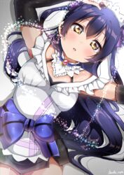  apron armpit_peek arms_up blue_hair commentary_request detached_sleeves earrings female hair_between_eyes highres jewelry long_hair looking_at_viewer love_live! love_live!_school_idol_project lying maid maid_apron maid_headdress mogyutto_&quot;love&quot;_de_sekkin_chuu! on_back panda_copt parted_lips ribbon simple_background solo sonoda_umi yellow_eyes 