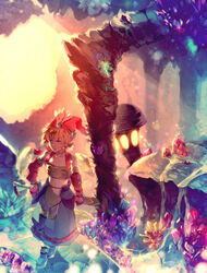  1boy abs androgynous bare_shoulders blonde_hair blue_eyes closed_mouth commentary_request curly_hair gloves green_eyes hands hat holding holding_weapon large_shoes legend_of_mana long_hair male_focus midriff navel red_hat see-through seiken_densetsu shoes solo standing stomach sunakumo toto_(lom) weapon 