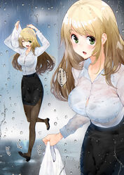  ;d amami_amayu atago_(kancolle) bag black_pantyhose black_skirt blonde_hair blush bra bra_visible_through_clothes breasts button_gap collared_shirt commentary female full_body high-waist_skirt high_heels kantai_collection large_breasts long_hair long_sleeves looking_at_viewer office_lady one_eye_closed open_mouth outdoors pantyhose pencil_skirt plastic_bag pumps rain see-through shirt shirt_tucked_in side_slit skirt smile translated underwear water wet wet_clothes wet_hair white_bra white_shirt 